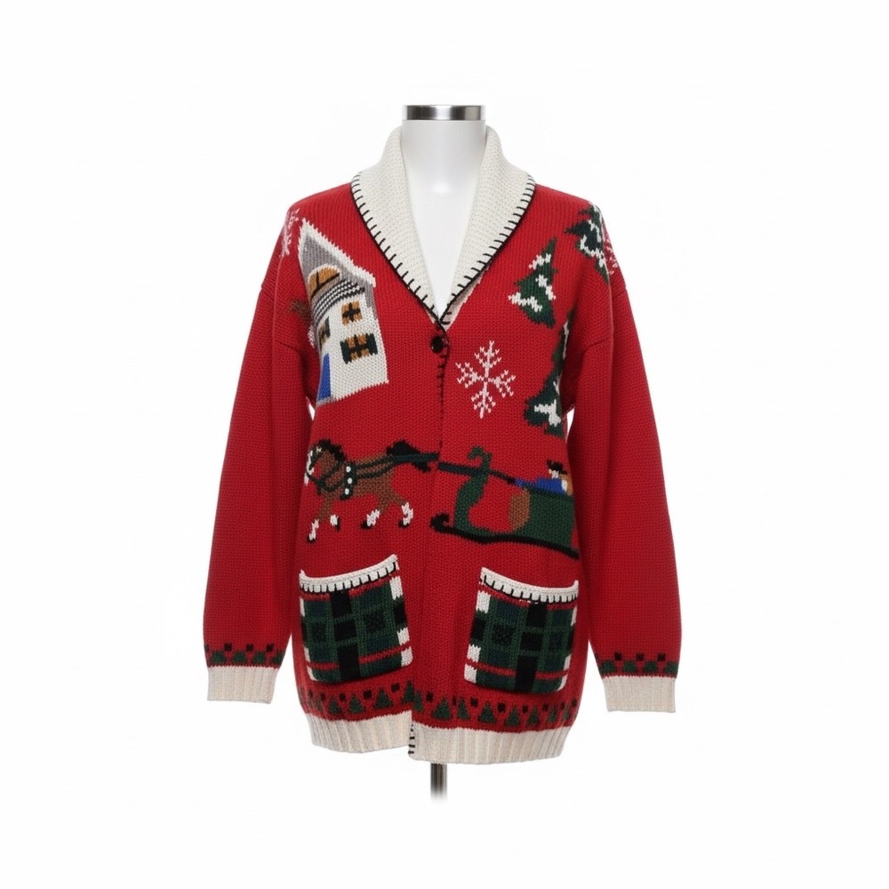 Cullinane Vintage XL Ugly Christmas Sweater Cardigan Red‎ Winter Scene Sleigh XL